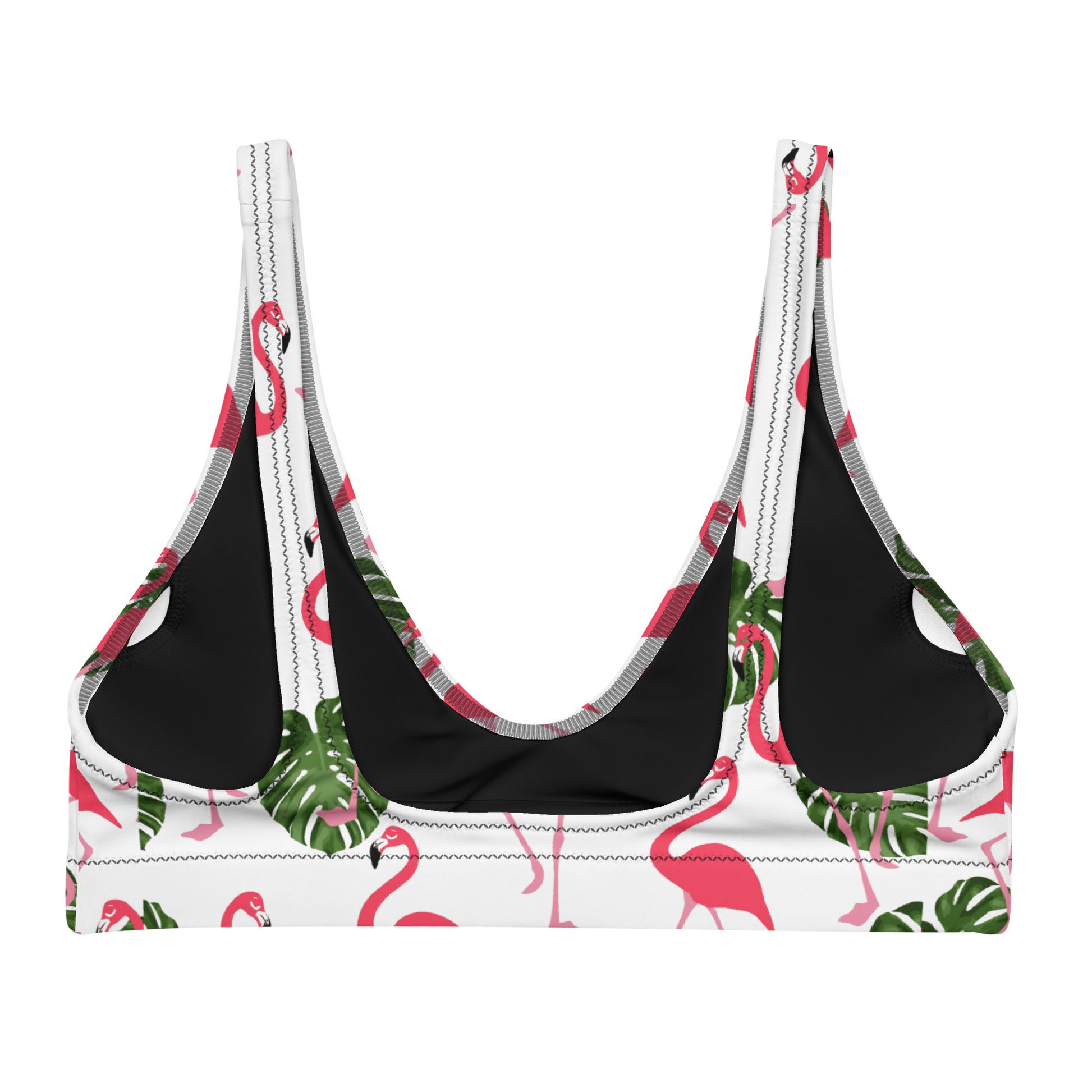 Back of bikini top with all-over flamingo pattern set on white background.