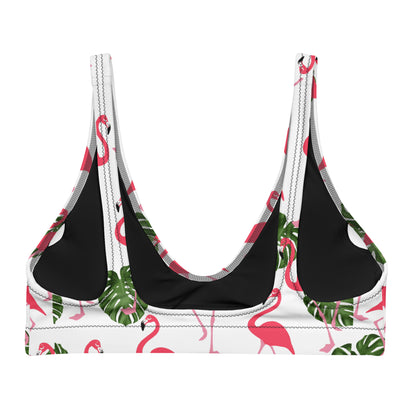 Back of bikini top with all-over flamingo pattern set on white background.