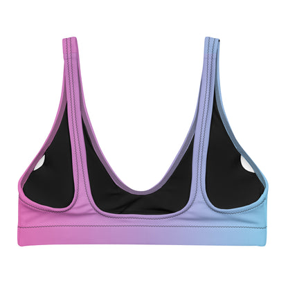Back of bikini top with pink-to-blue color scheme.