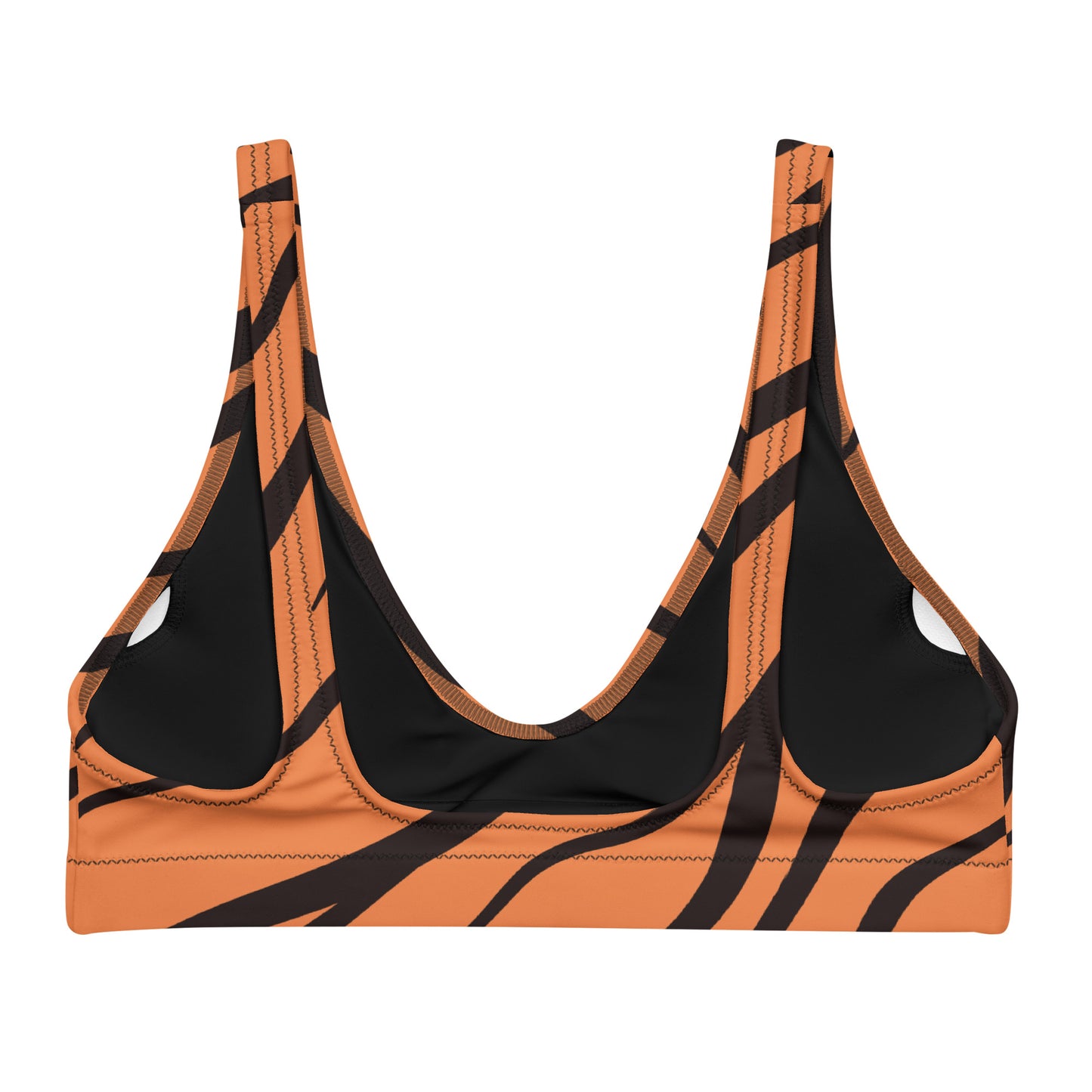 Back of bikini top with tiger skin pattern.