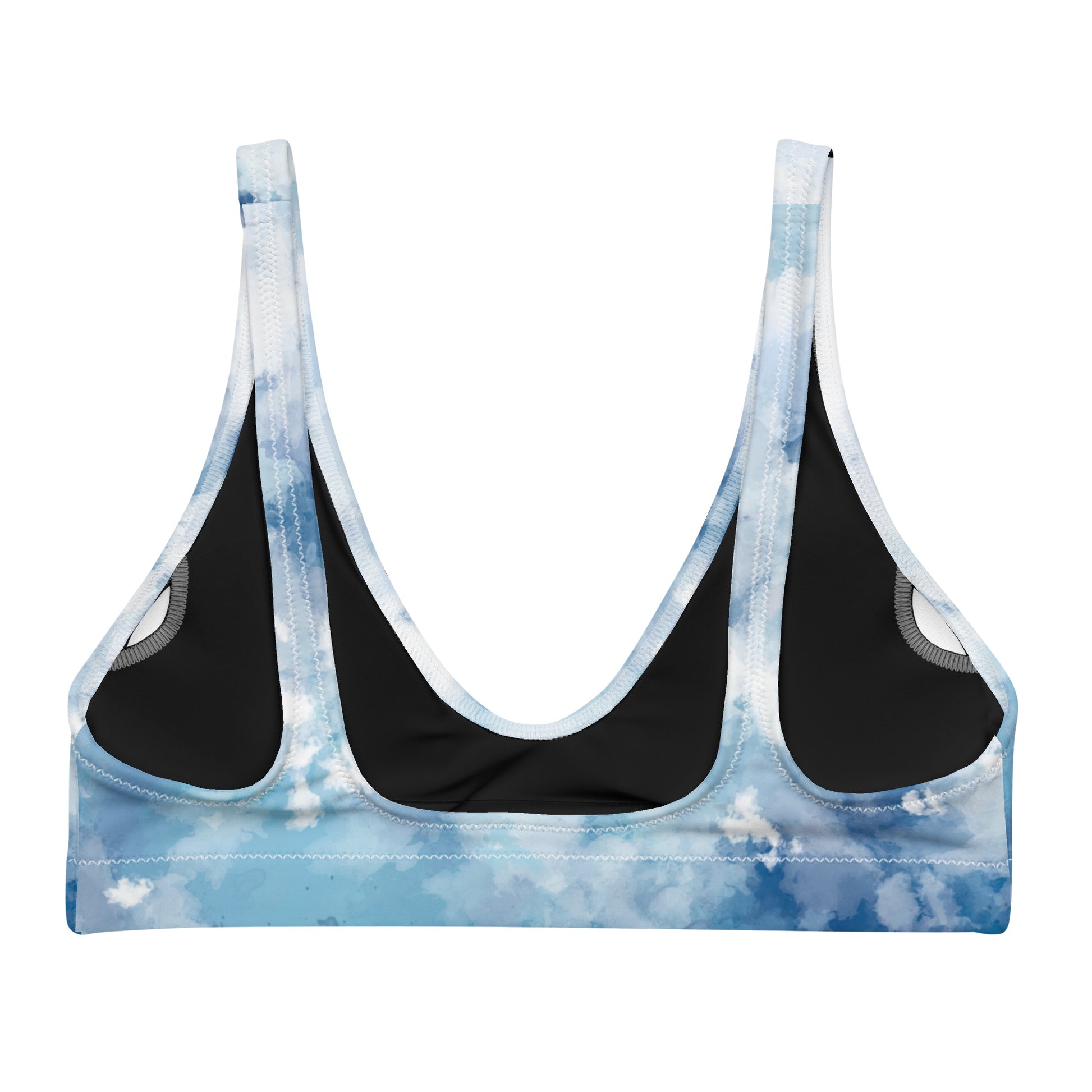 Back of bikini top with blue-white watercolor design.