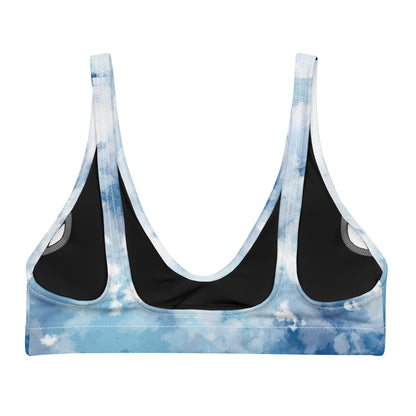 Back of bikini top with blue-white watercolor design.