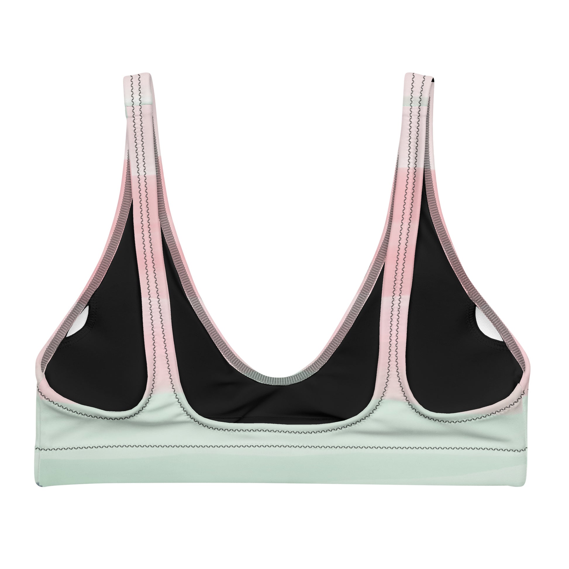 Back of bikini top with design resembling watercolor. Dominant colors are pink and light green.