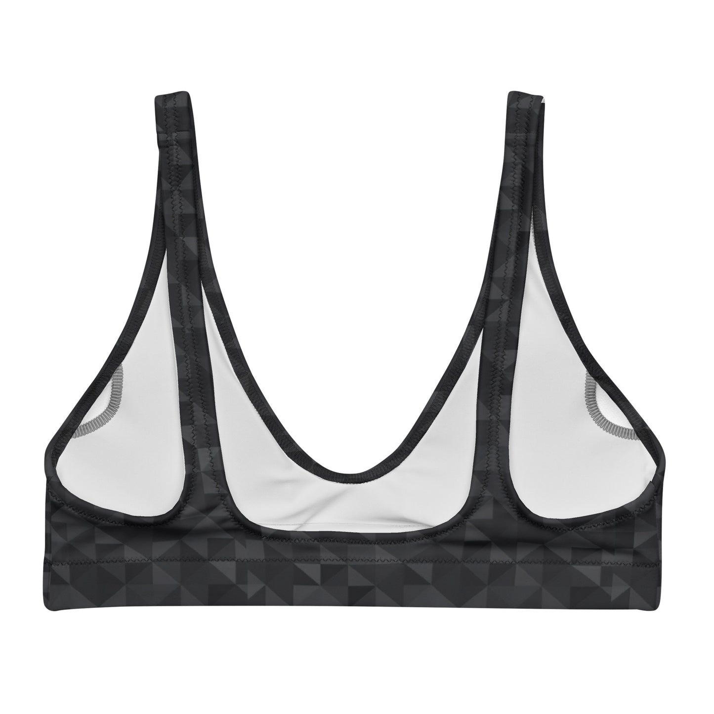 Back of bikini top with dark-gray geometric pattern.