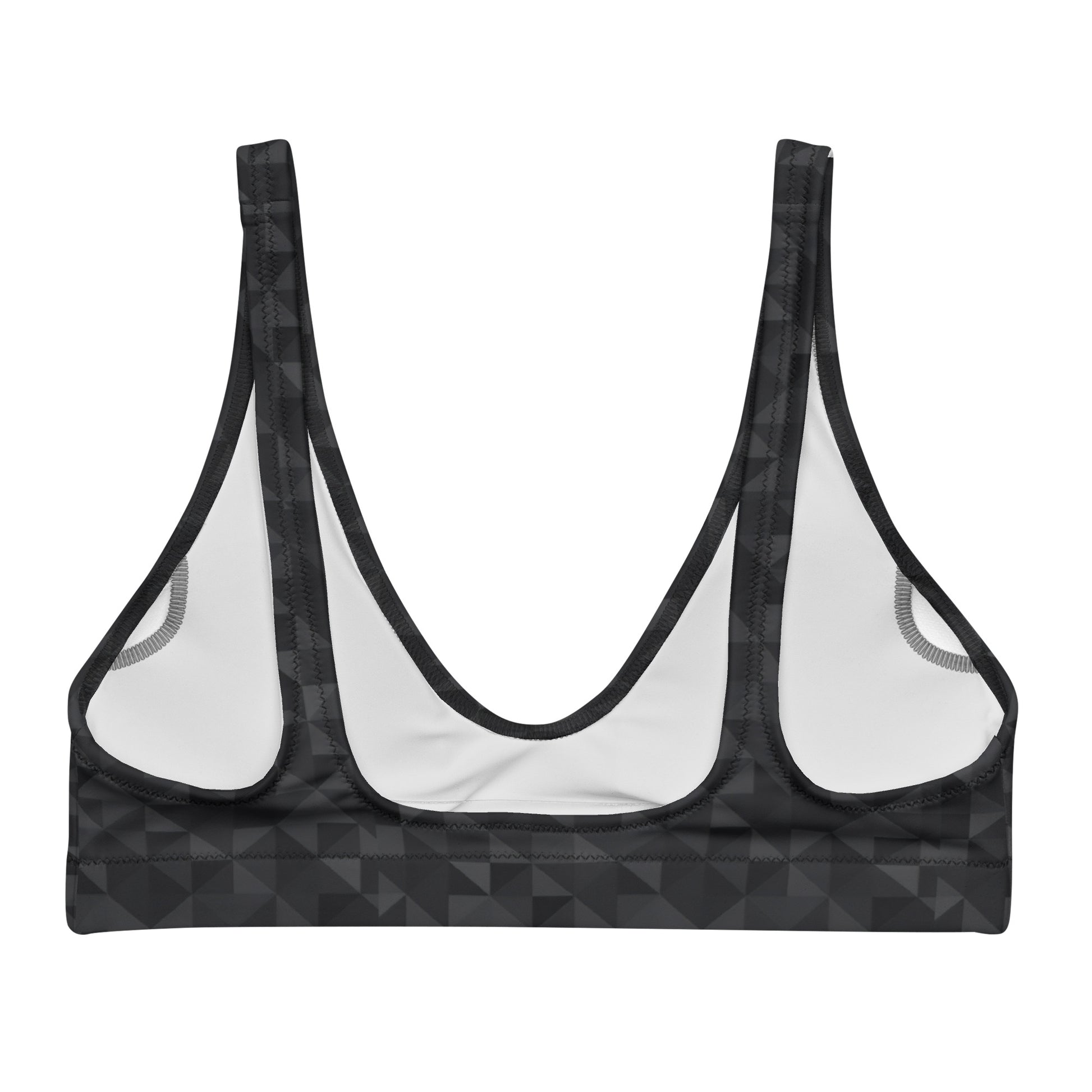 Back of bikini top with dark-gray geometric pattern.
