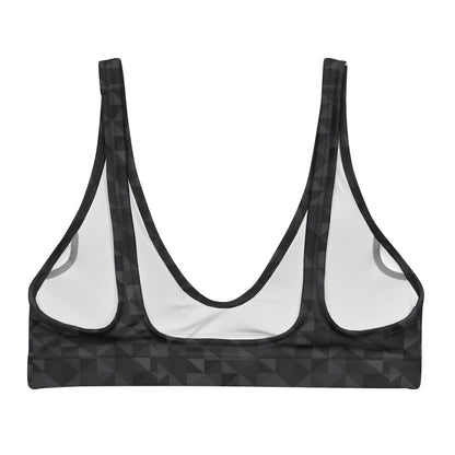 Back of bikini top with dark-gray geometric pattern.