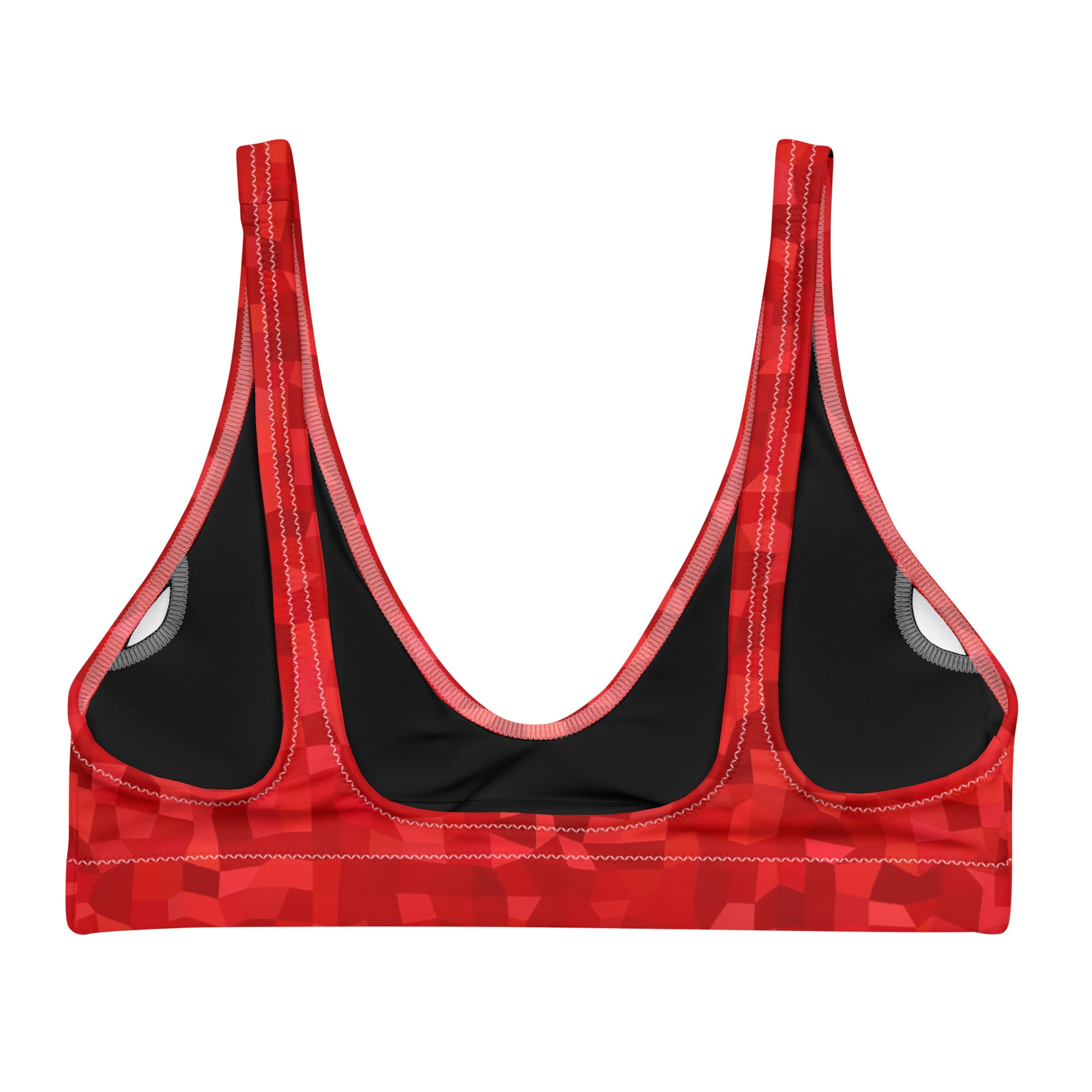 Back of bikini top with red geometric pattern.