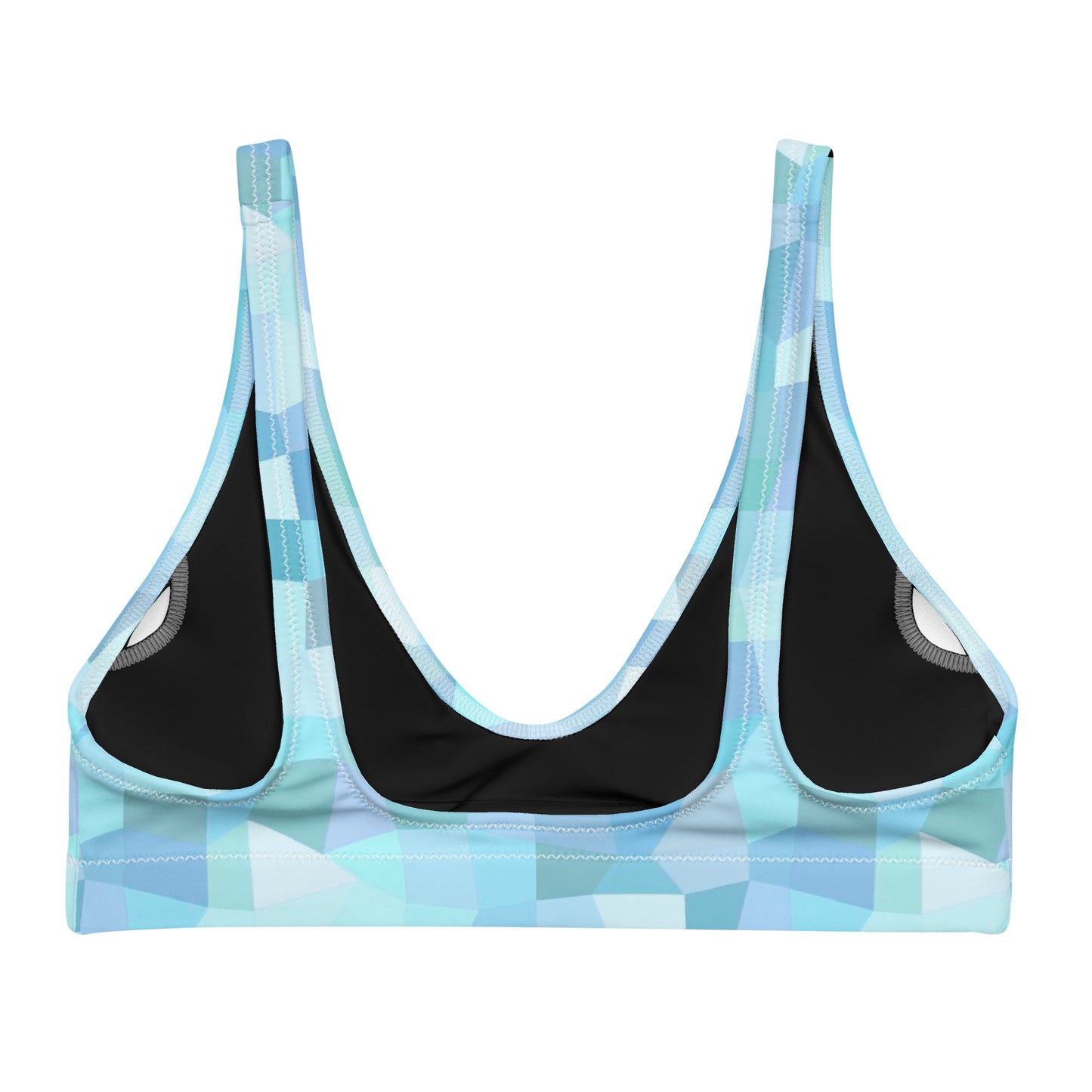 Back of bikini top with cyan geometric pattern.