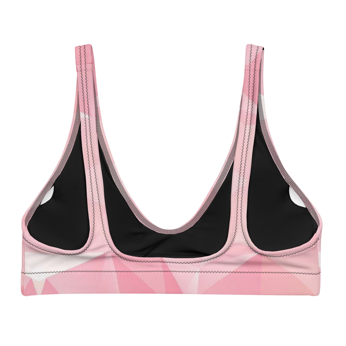 Back of bikini top with pink geometric pattern.