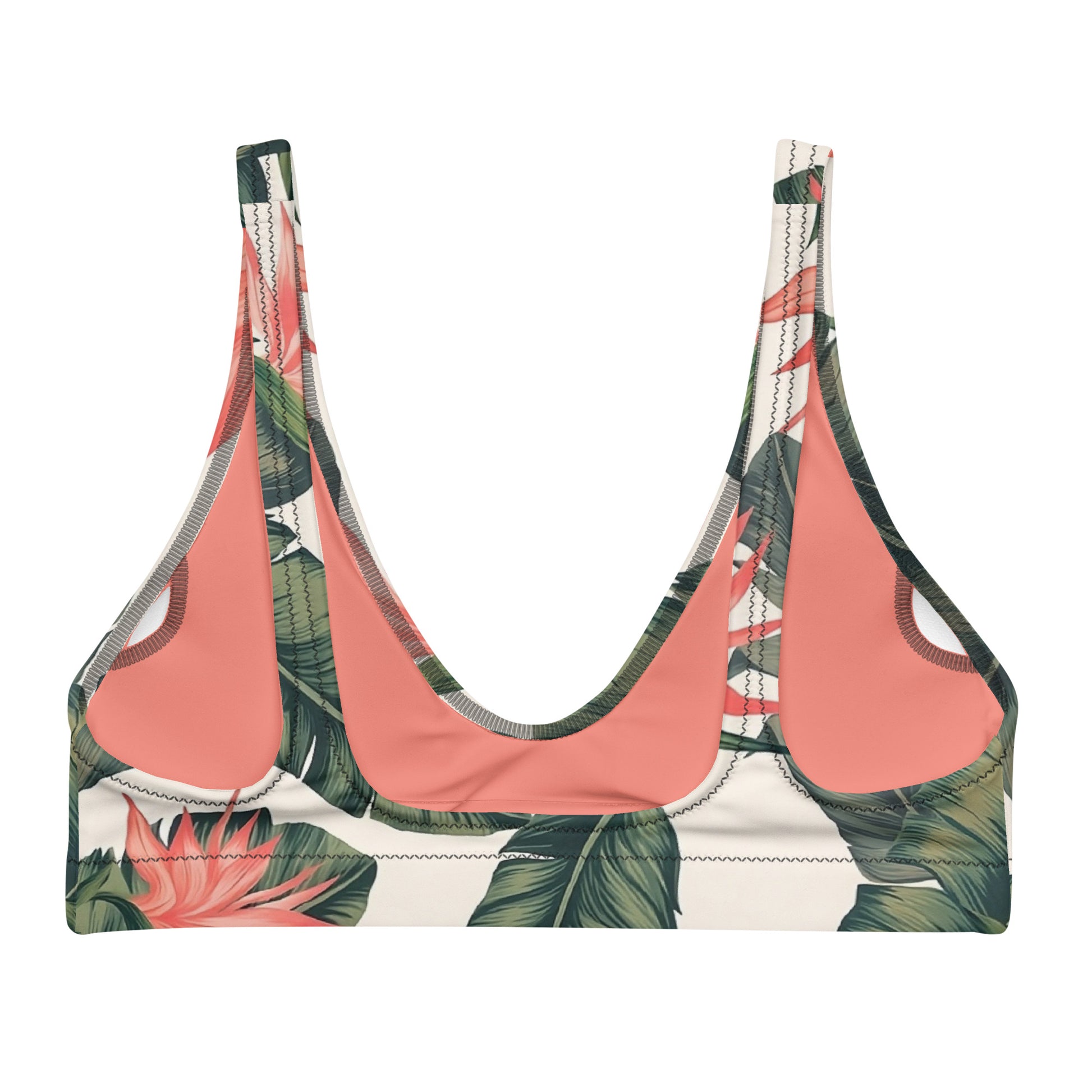Bikini top with tropical floral pattern.