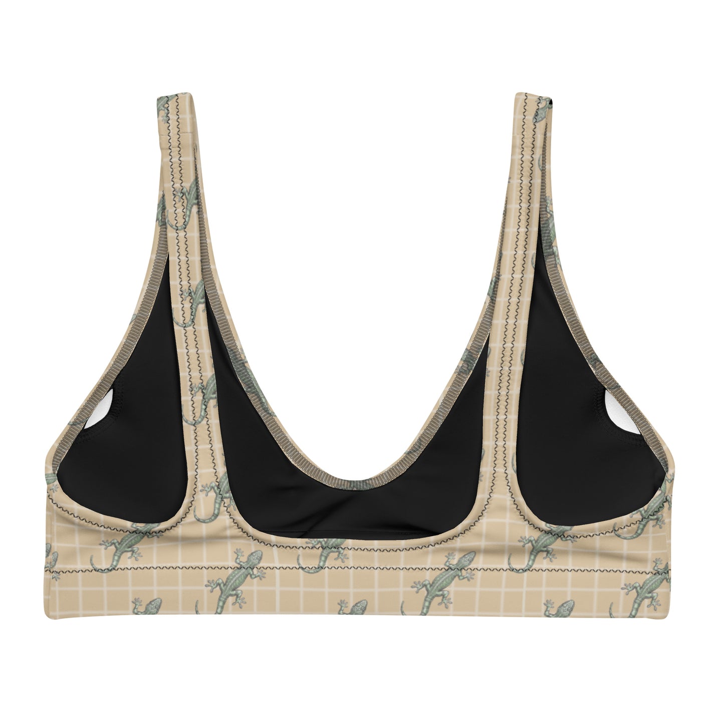 Beige bikini top with pattern of green geckos.