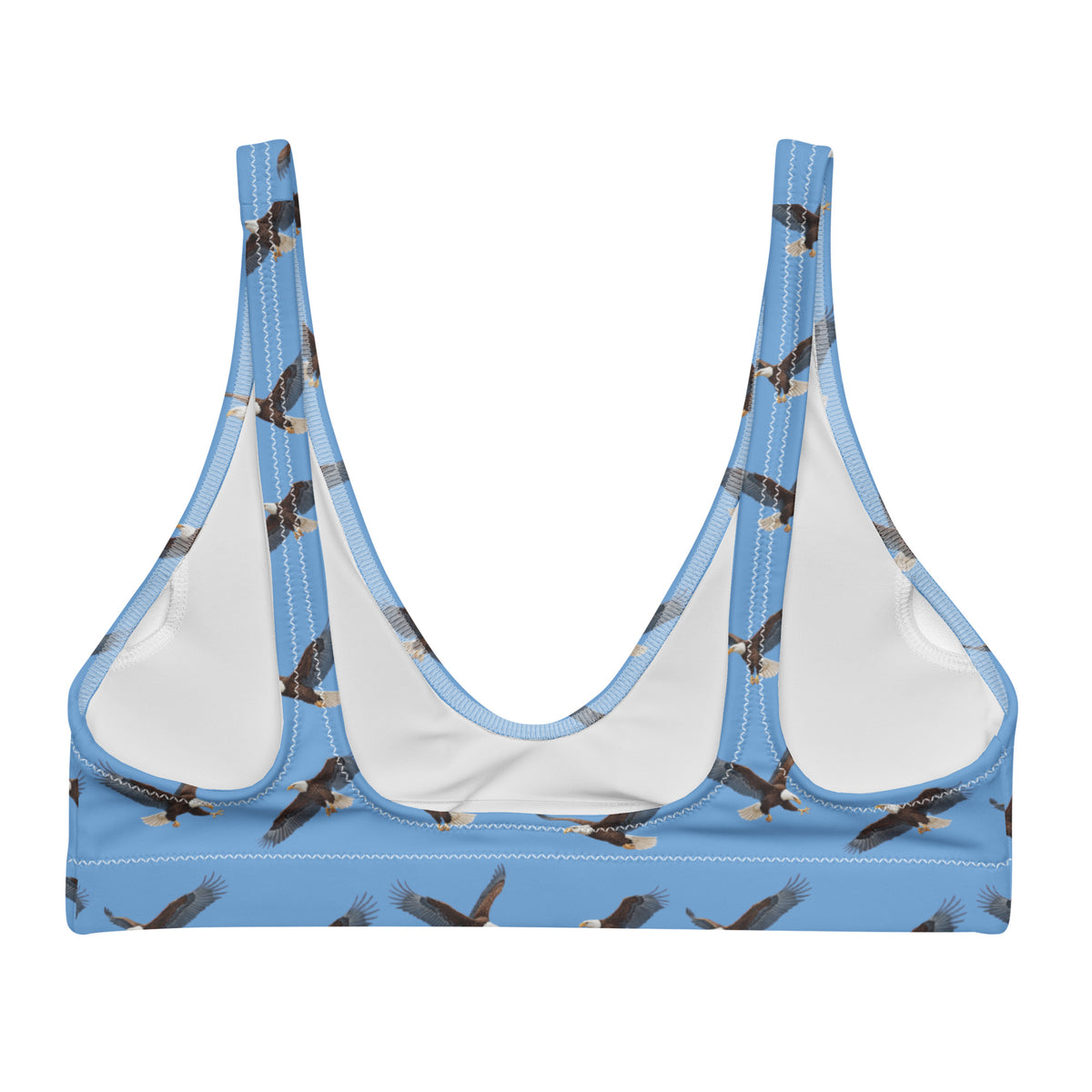 Blue bikini top with pattern of bald eagles.