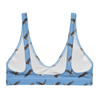 Blue bikini top with pattern of bald eagles.