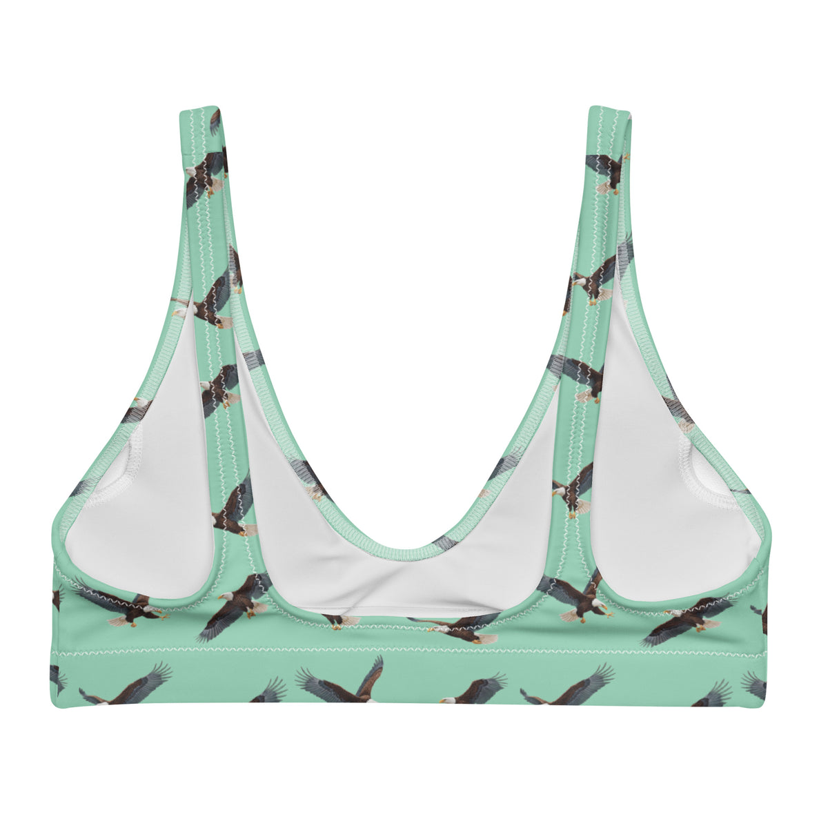Green bikini top with pattern of bald eagles.