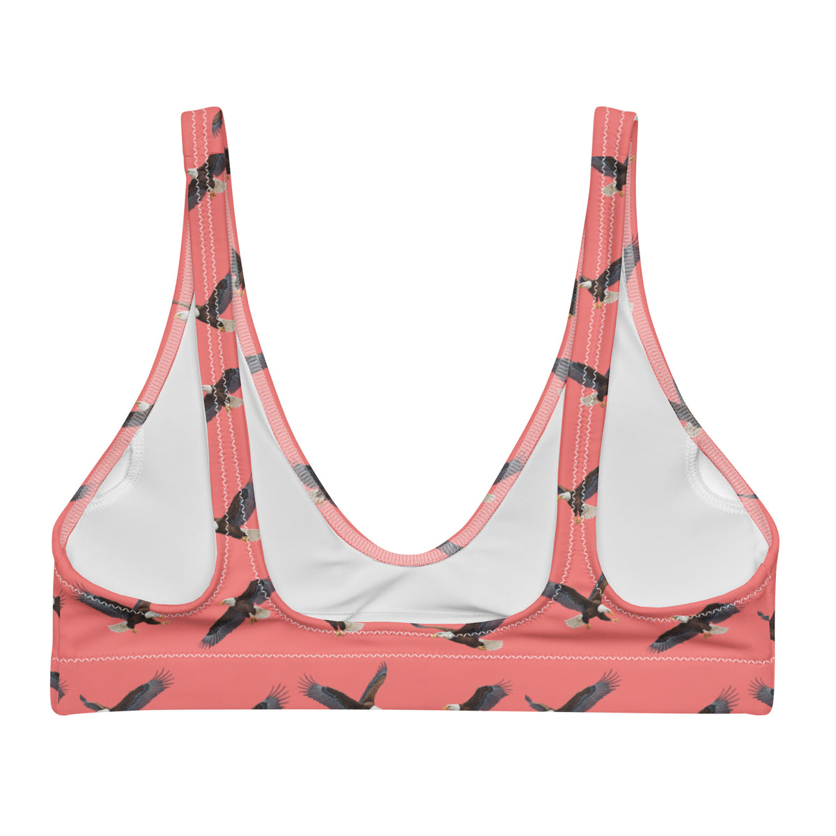 Red bikini top with pattern of bald eagles.