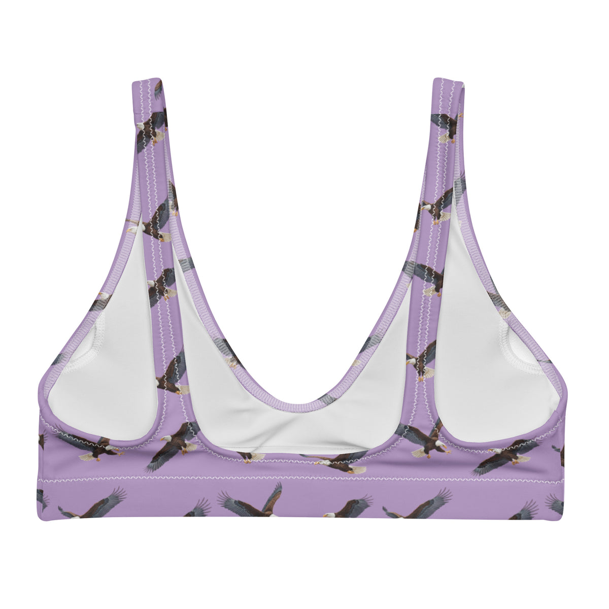 Purple bikini top with pattern of bald eagles.