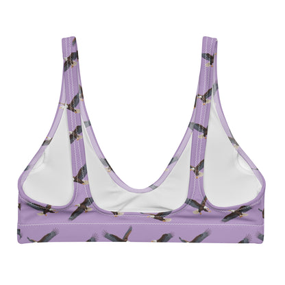 Purple bikini top with pattern of bald eagles.