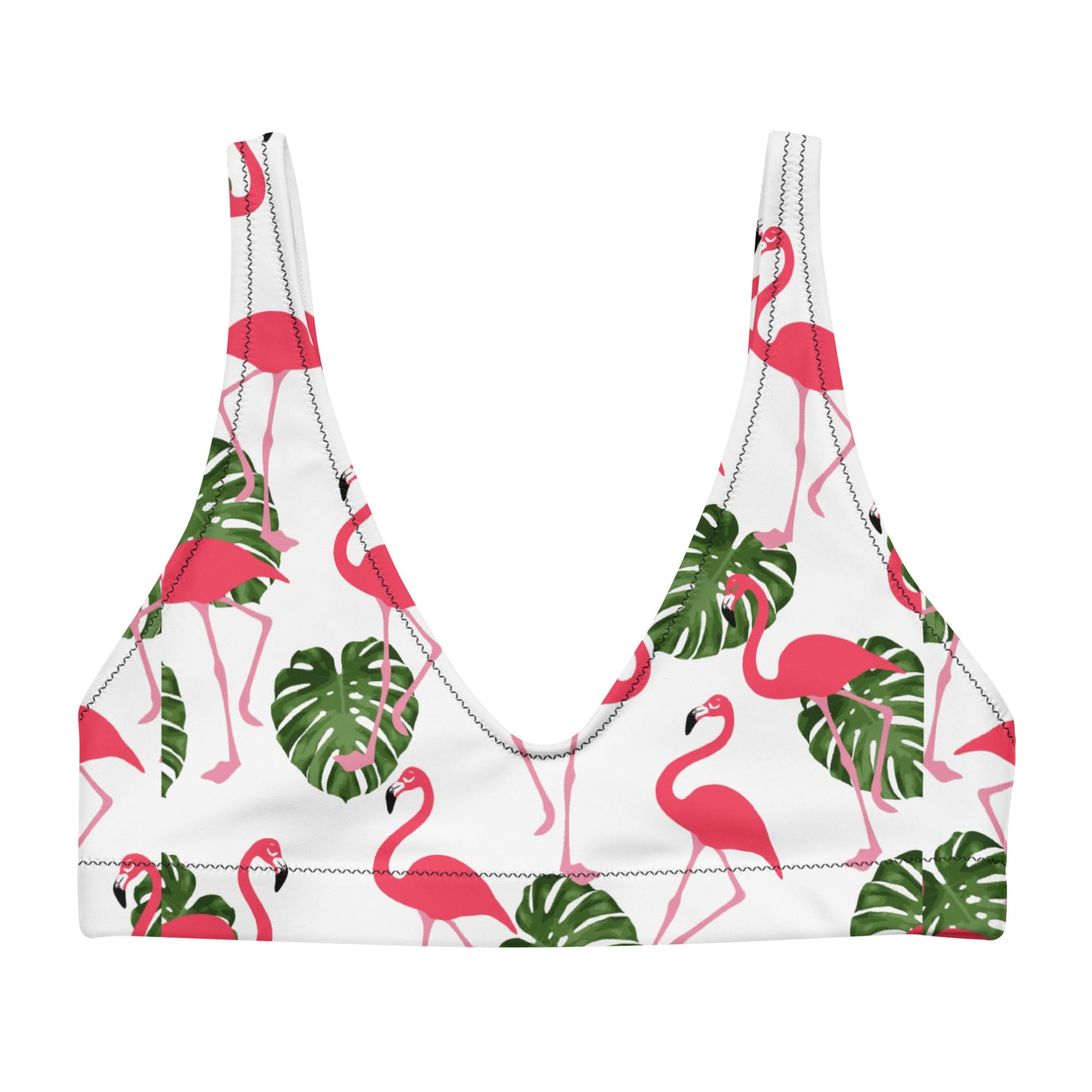 Bikini top with all-over flamingo pattern set on white background.