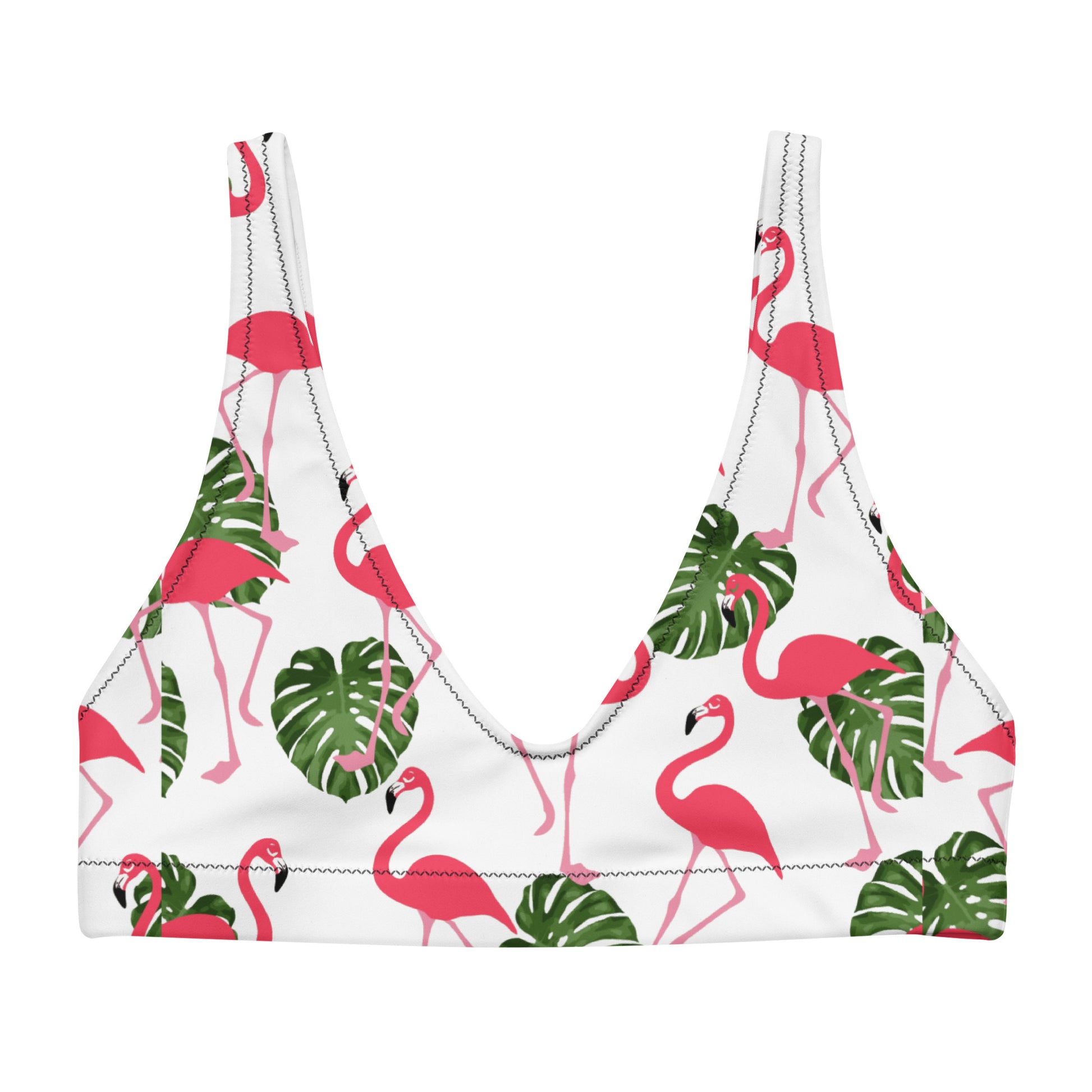 Bikini top with all-over flamingo pattern set on white background.