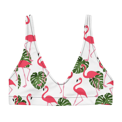 Bikini top with all-over flamingo pattern set on white background.