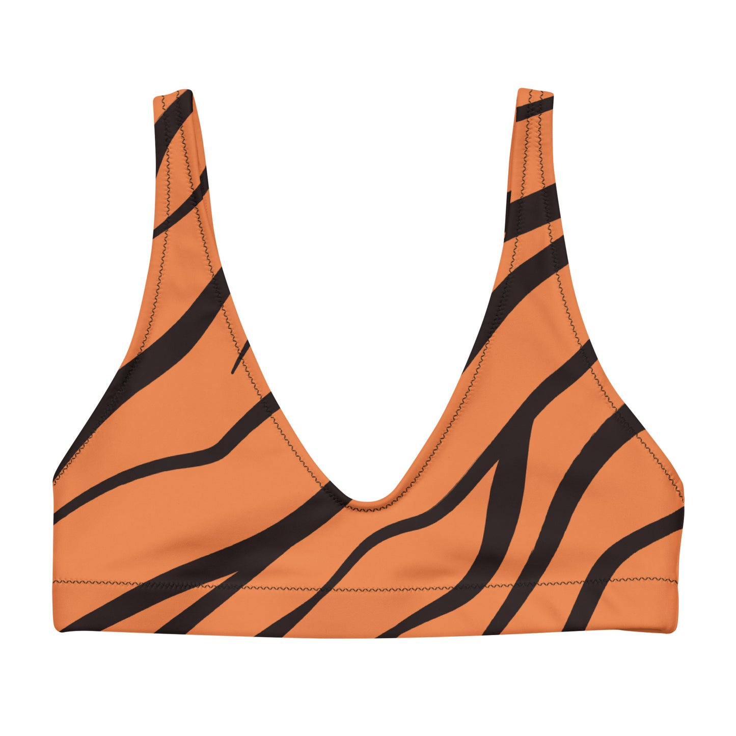 Bikini top with tiger skin pattern.