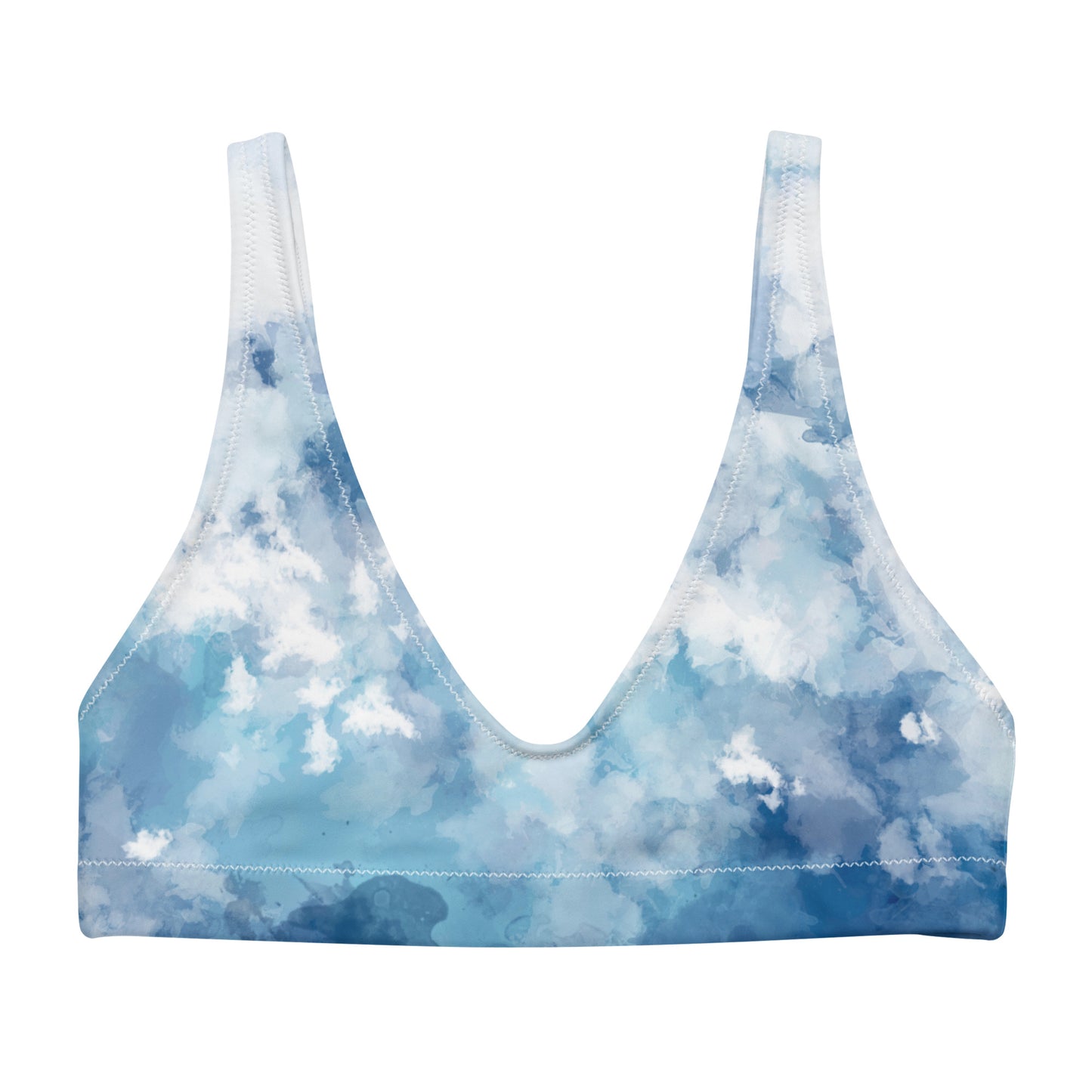 Bikini top with blue-white watercolor design.