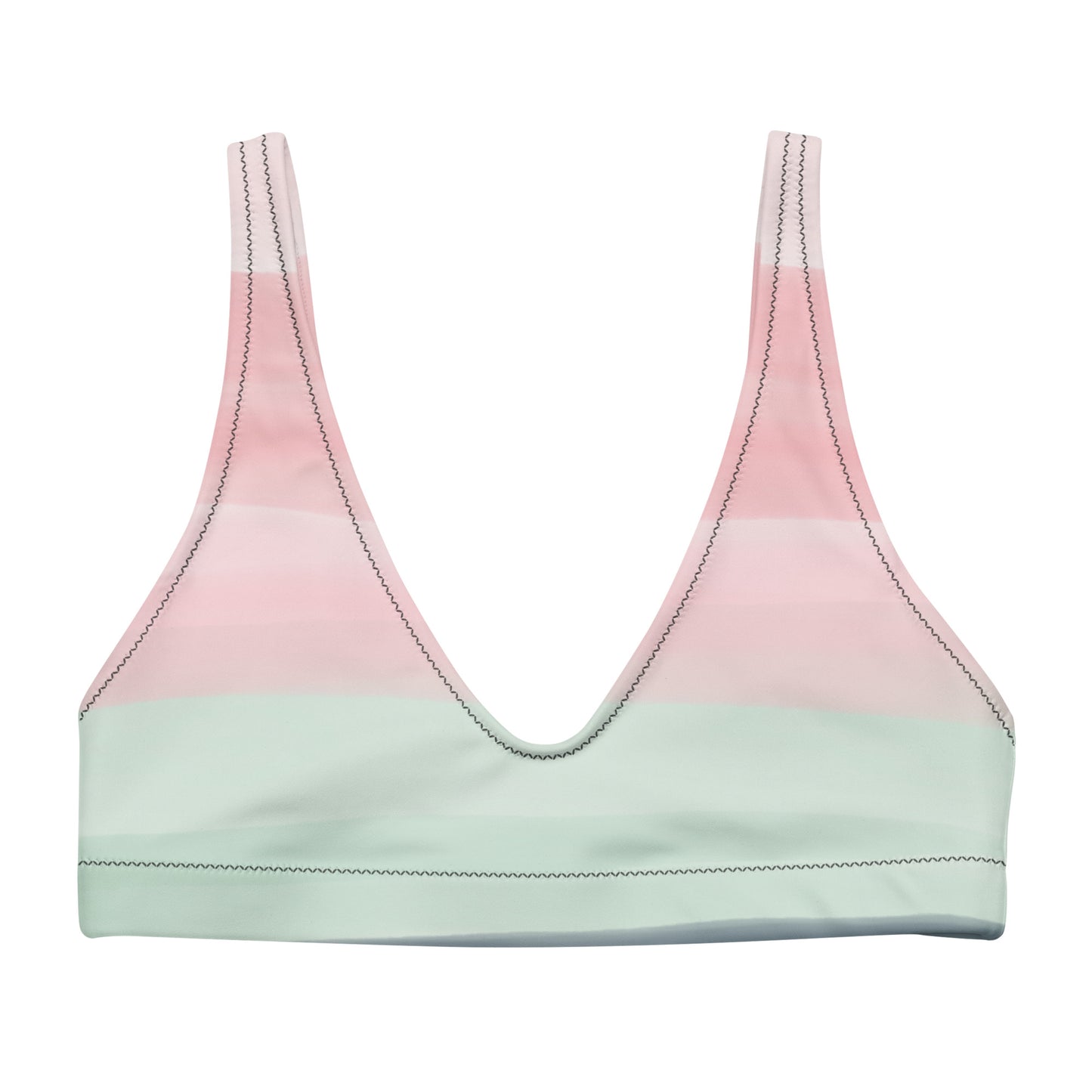 Bikini top with design resembling watercolor. Dominant colors are pink and light green.