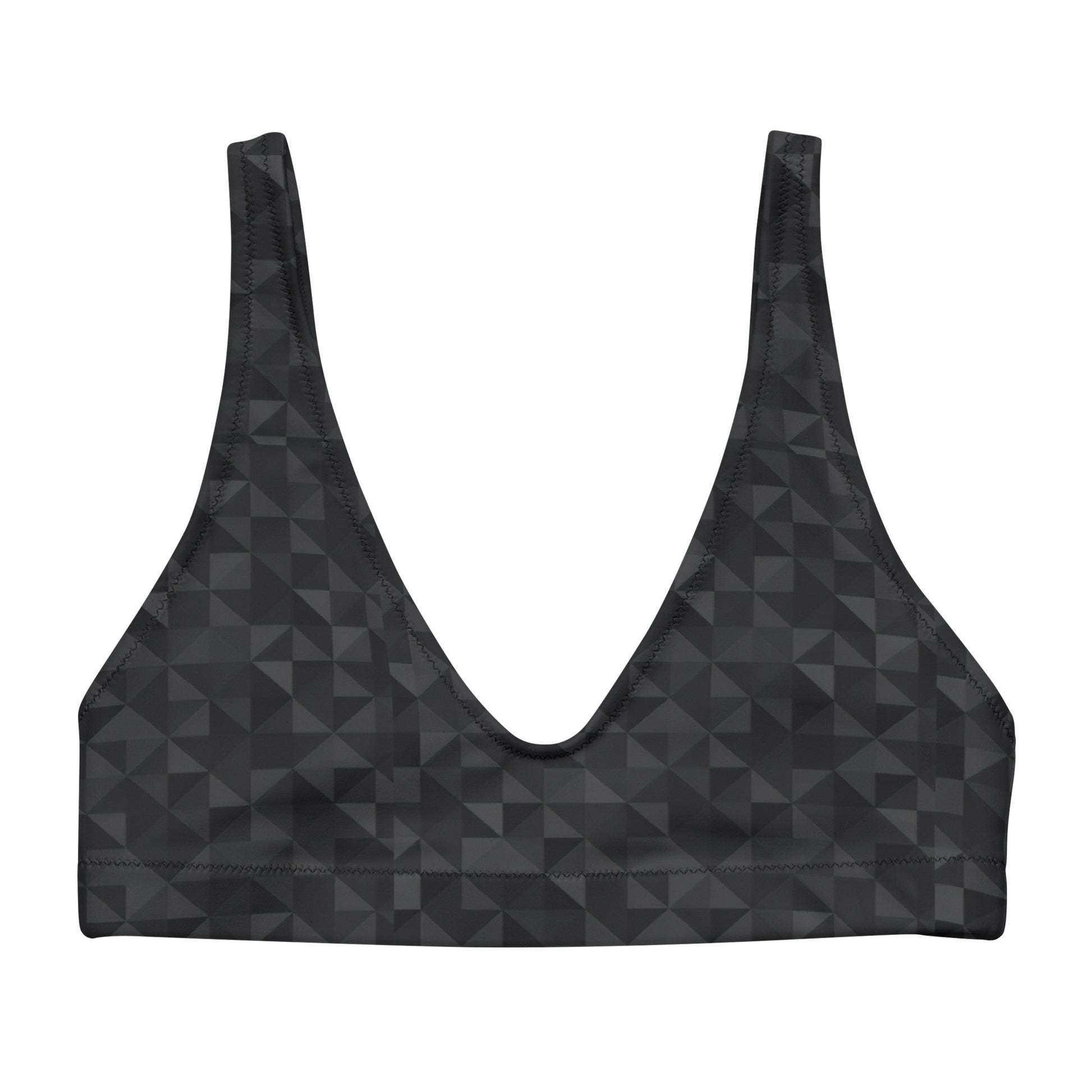 Bikini top with dark-gray geometric pattern.