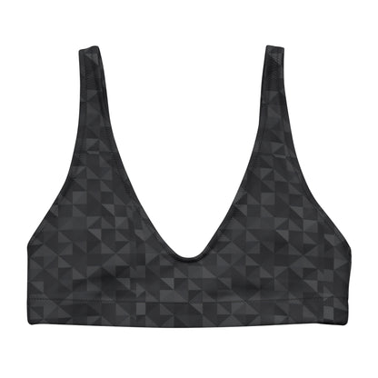 Bikini top with dark-gray geometric pattern.