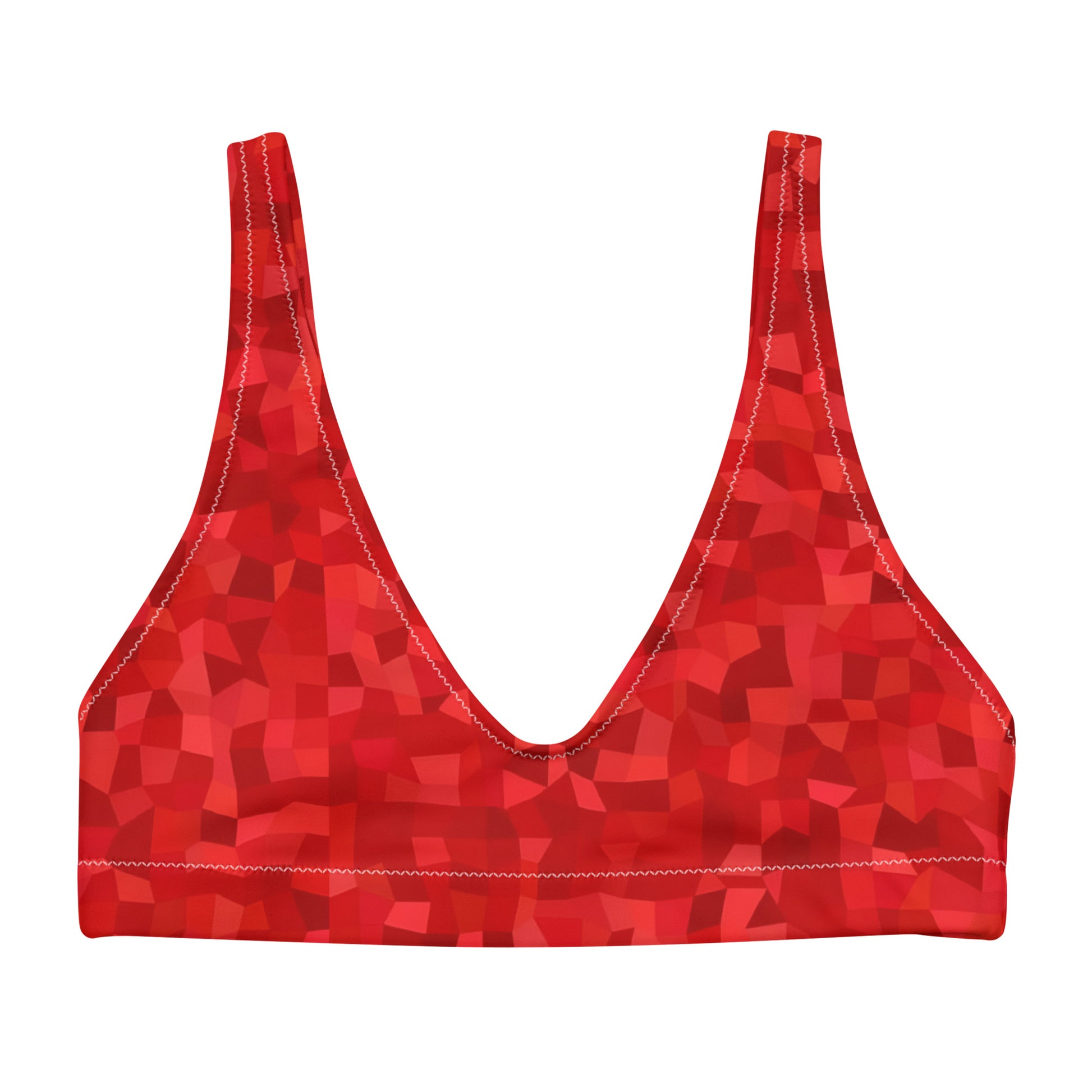 Bikini top with red geometric pattern.