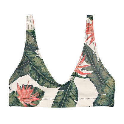 Bikini top with tropical floral pattern.