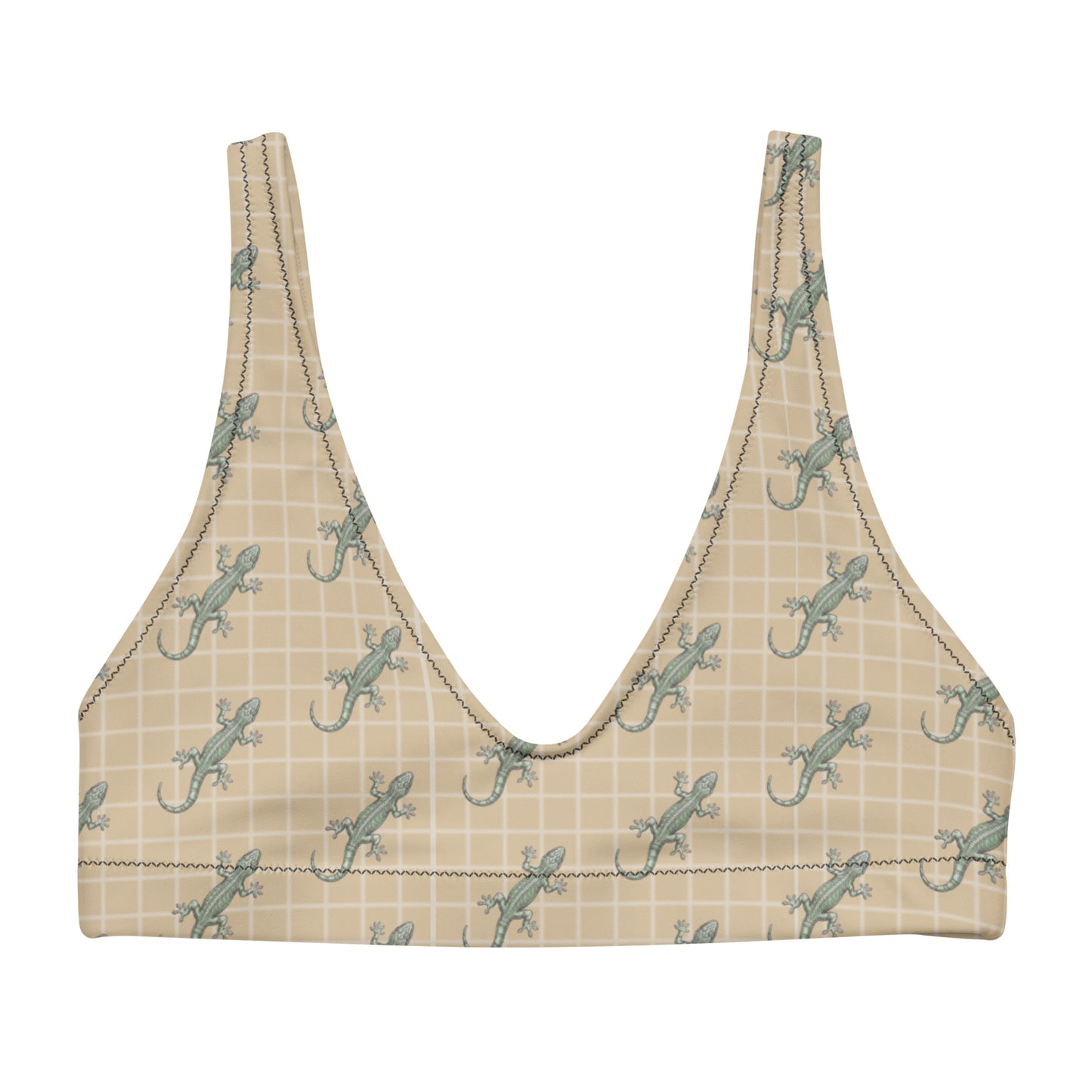 Beige bikini top with pattern of green geckos.