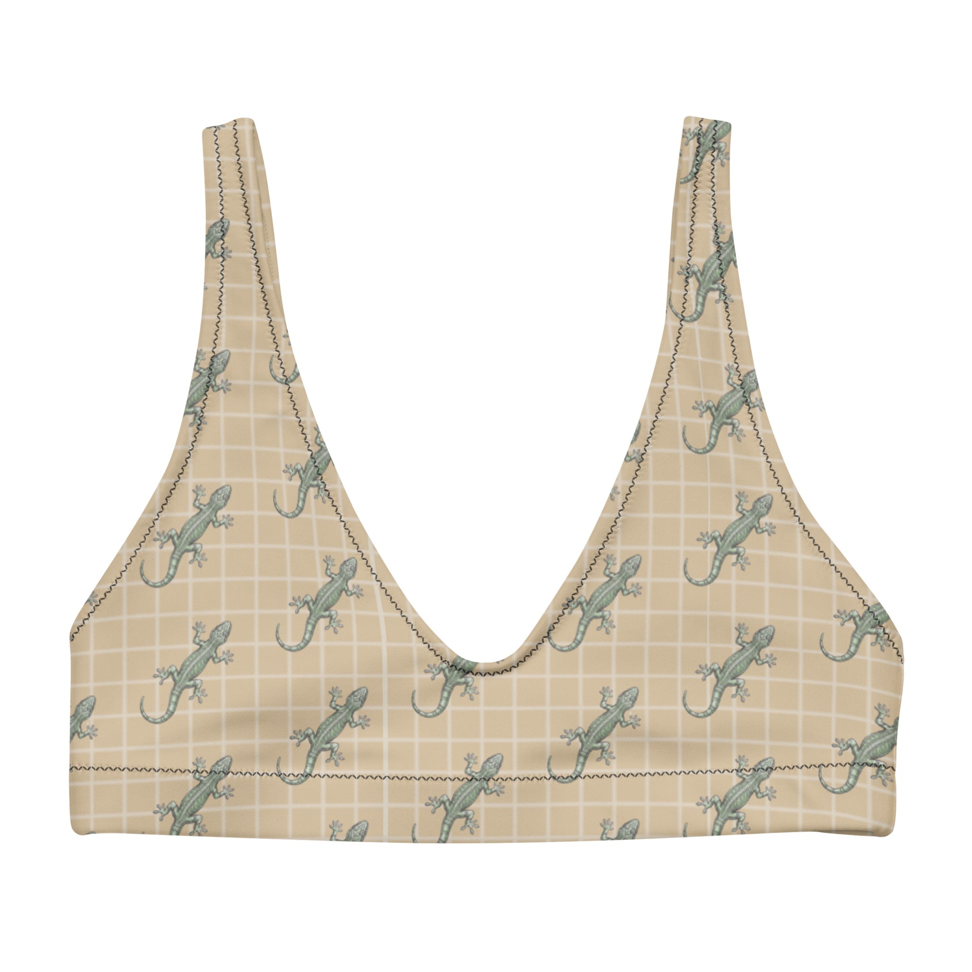 Beige bikini top with pattern of green geckos.