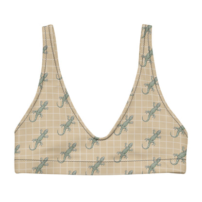 Beige bikini top with pattern of green geckos.