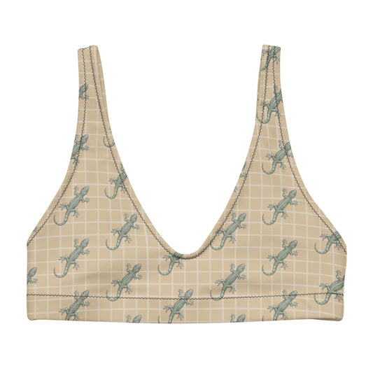 Beige bikini top with pattern of green geckos.