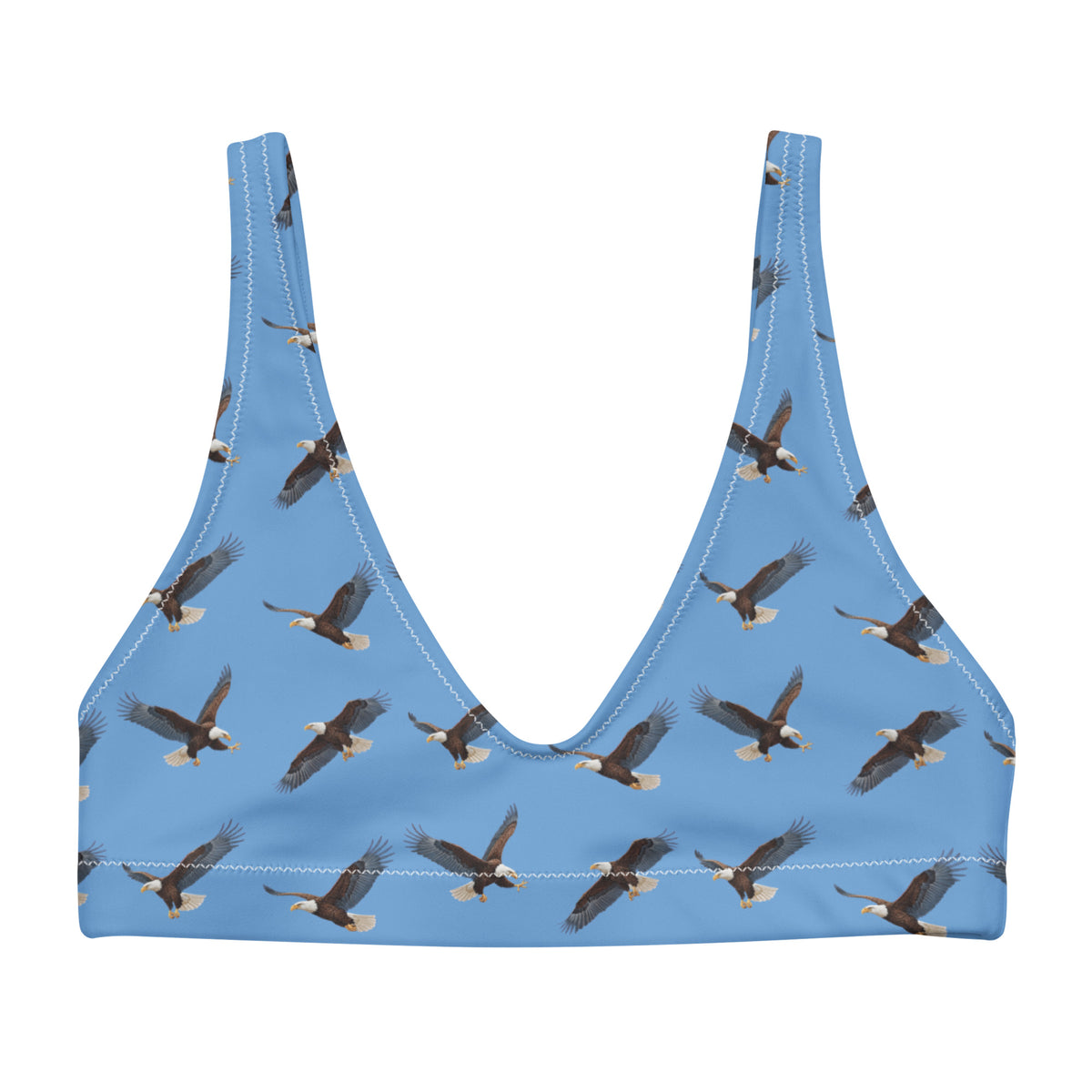 Blue bikini top with pattern of bald eagles.
