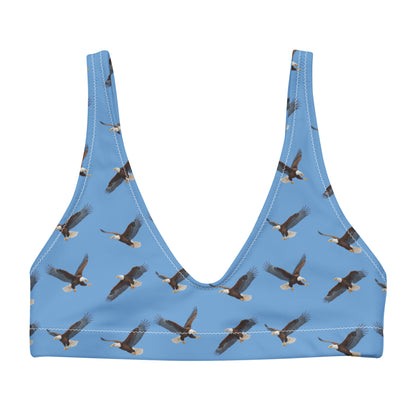 Blue bikini top with pattern of bald eagles.