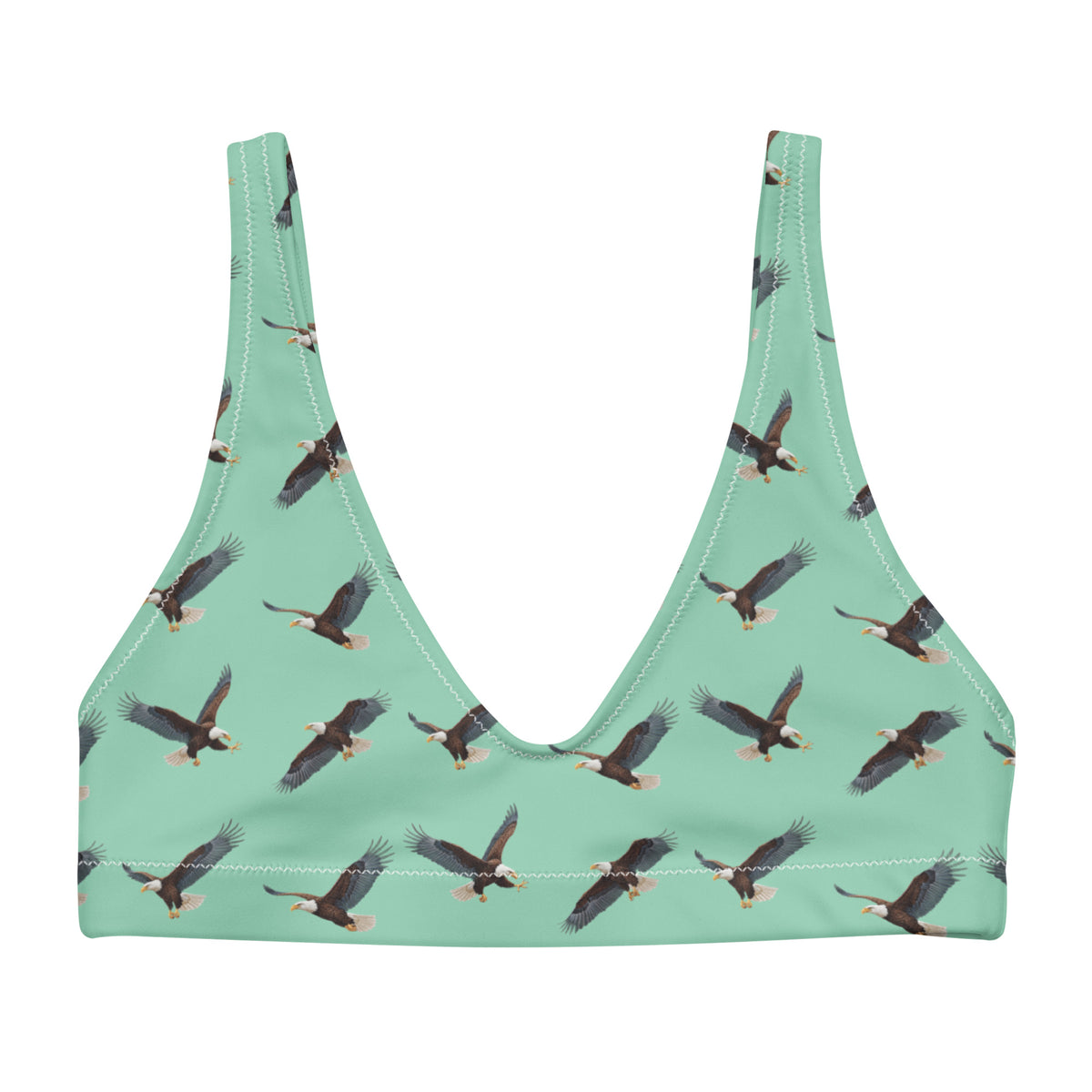 Green bikini top with pattern of bald eagles.
