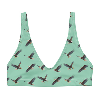 Green bikini top with pattern of bald eagles.