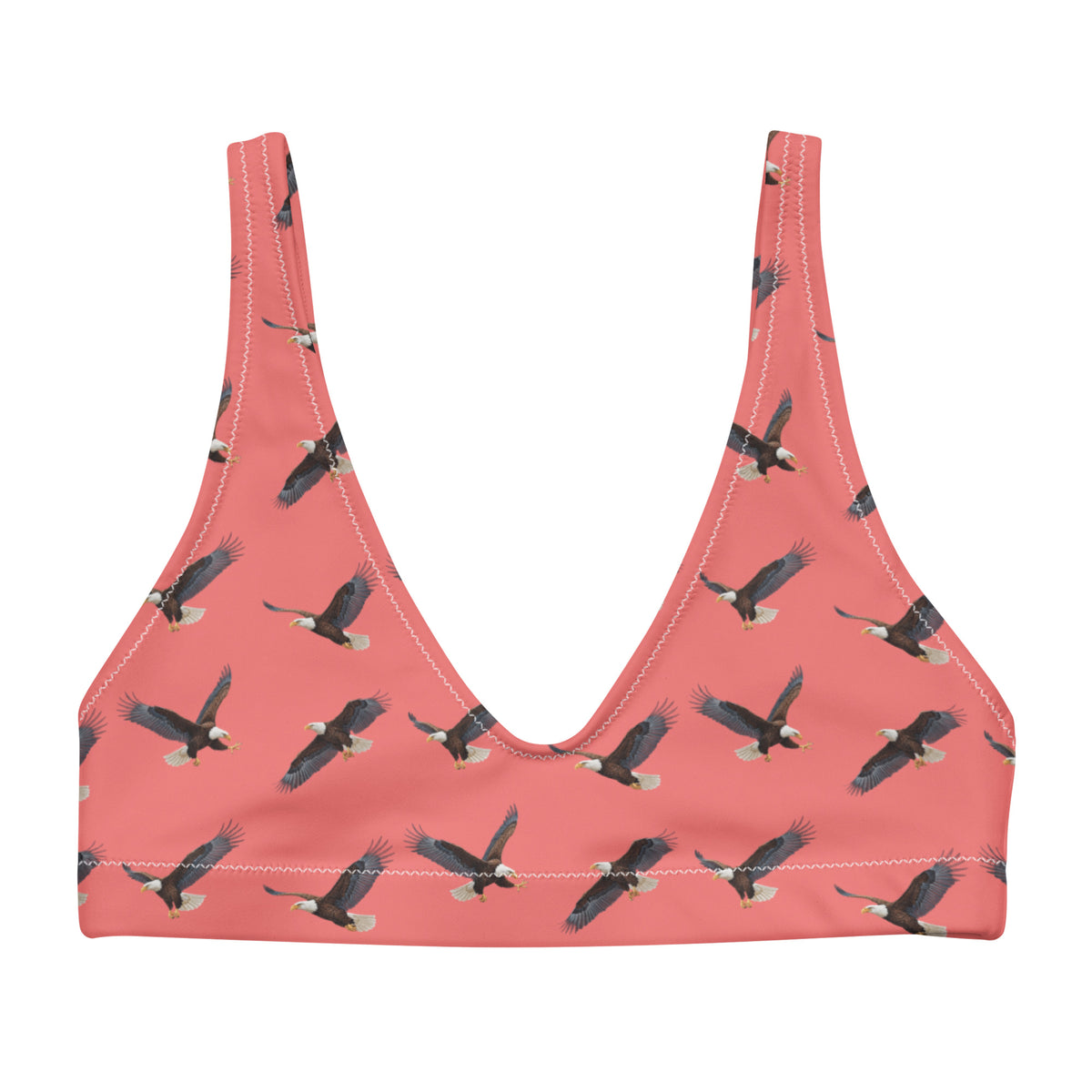 Red bikini top with pattern of bald eagles.