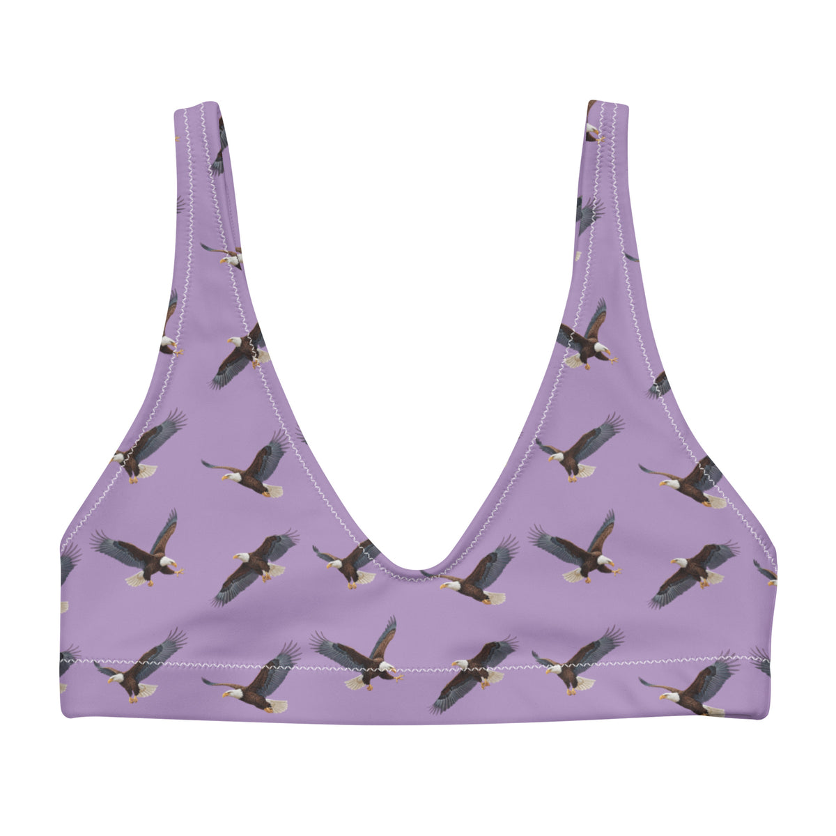 Purple bikini top with pattern of bald eagles.