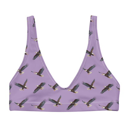 Purple bikini top with pattern of bald eagles.