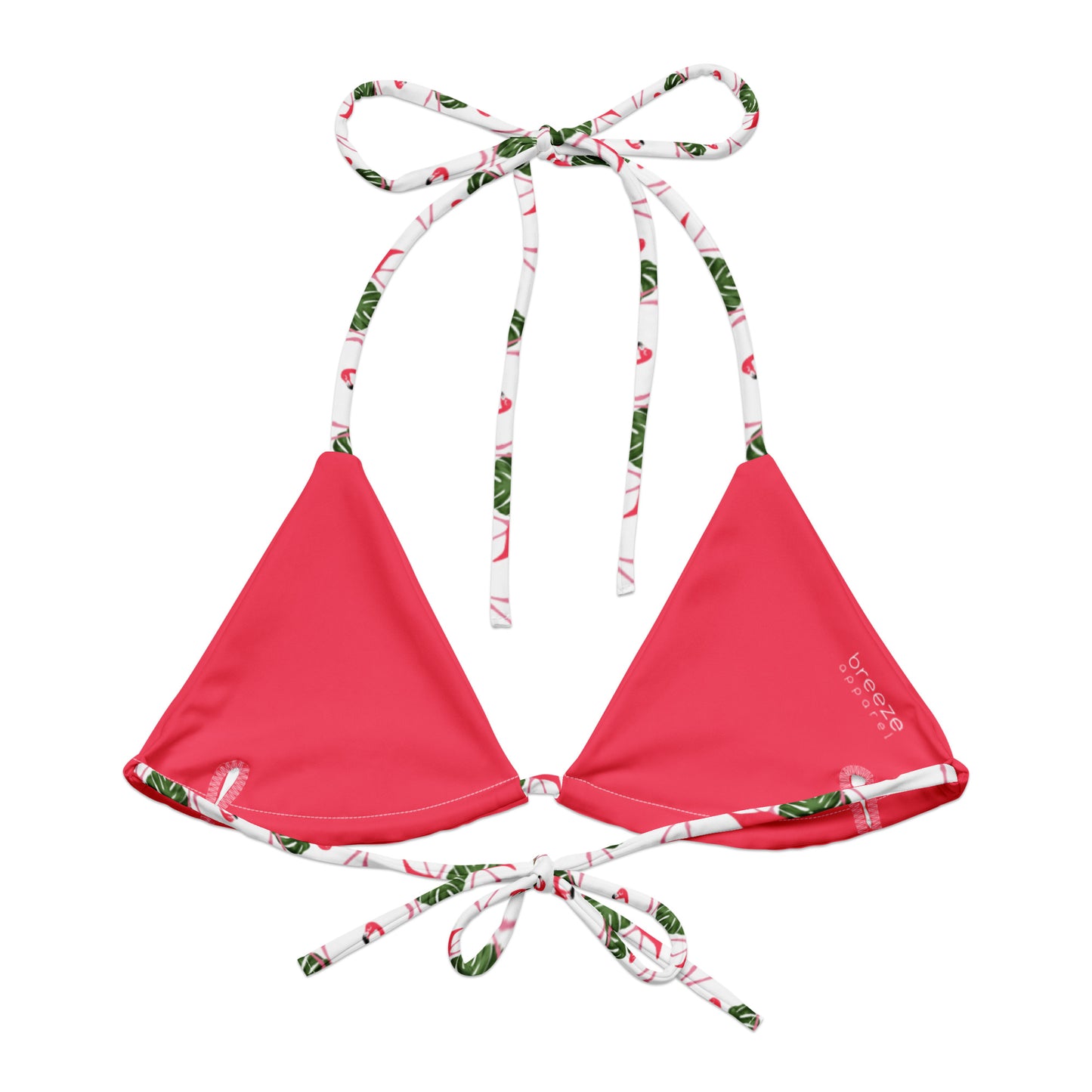 Back of bikini top with pattern of flamingos set on a white background. Interior is pink.