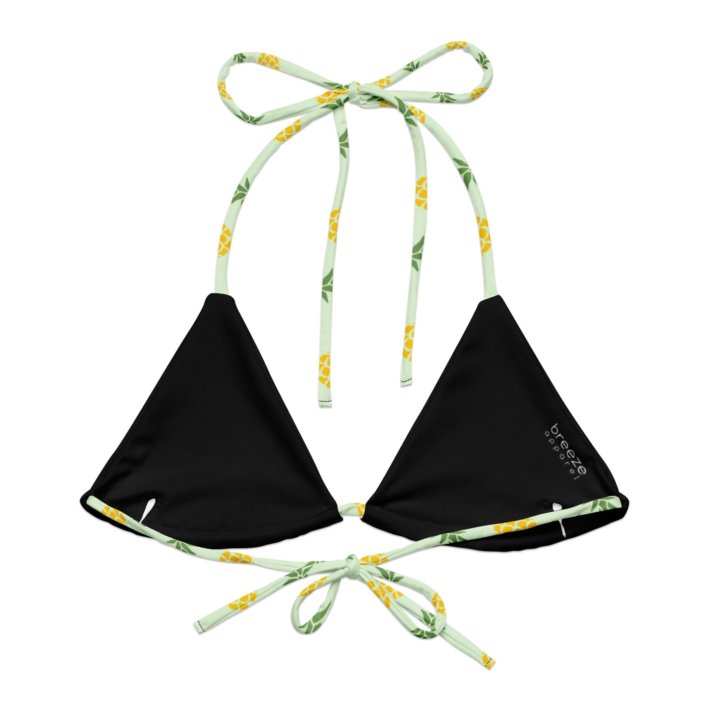 Back of light-green bikini top with all-over pineapple pattern. Interior is black.