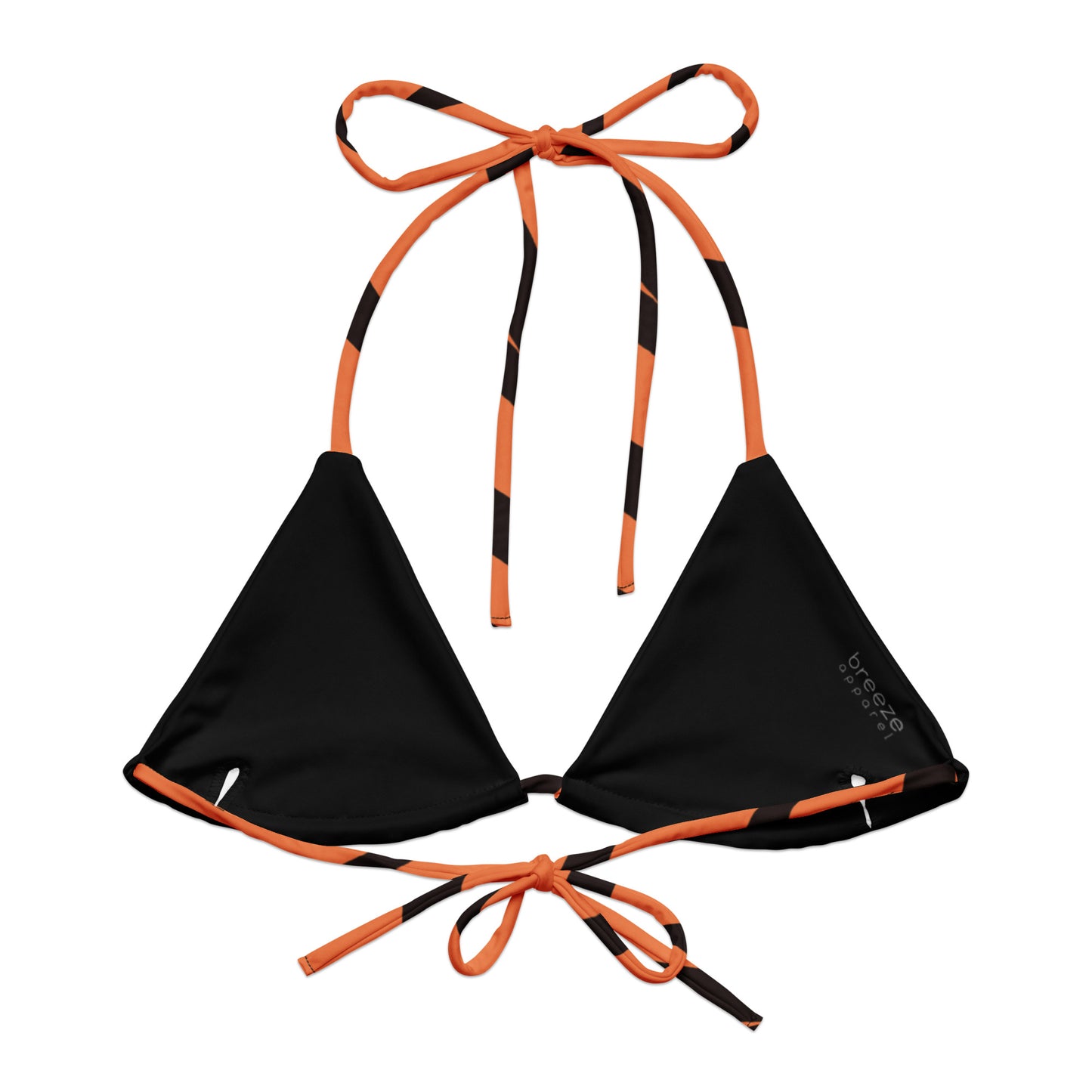 Back of bikini top with tigerskin pattern. Interior is black.