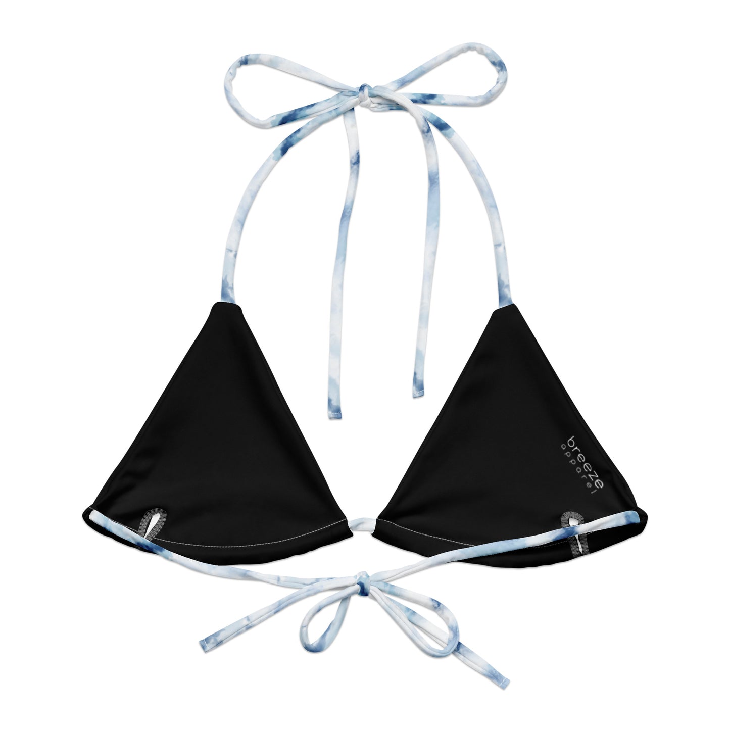 Bikini top with blue-white, watercolor-style design. Interior is black.