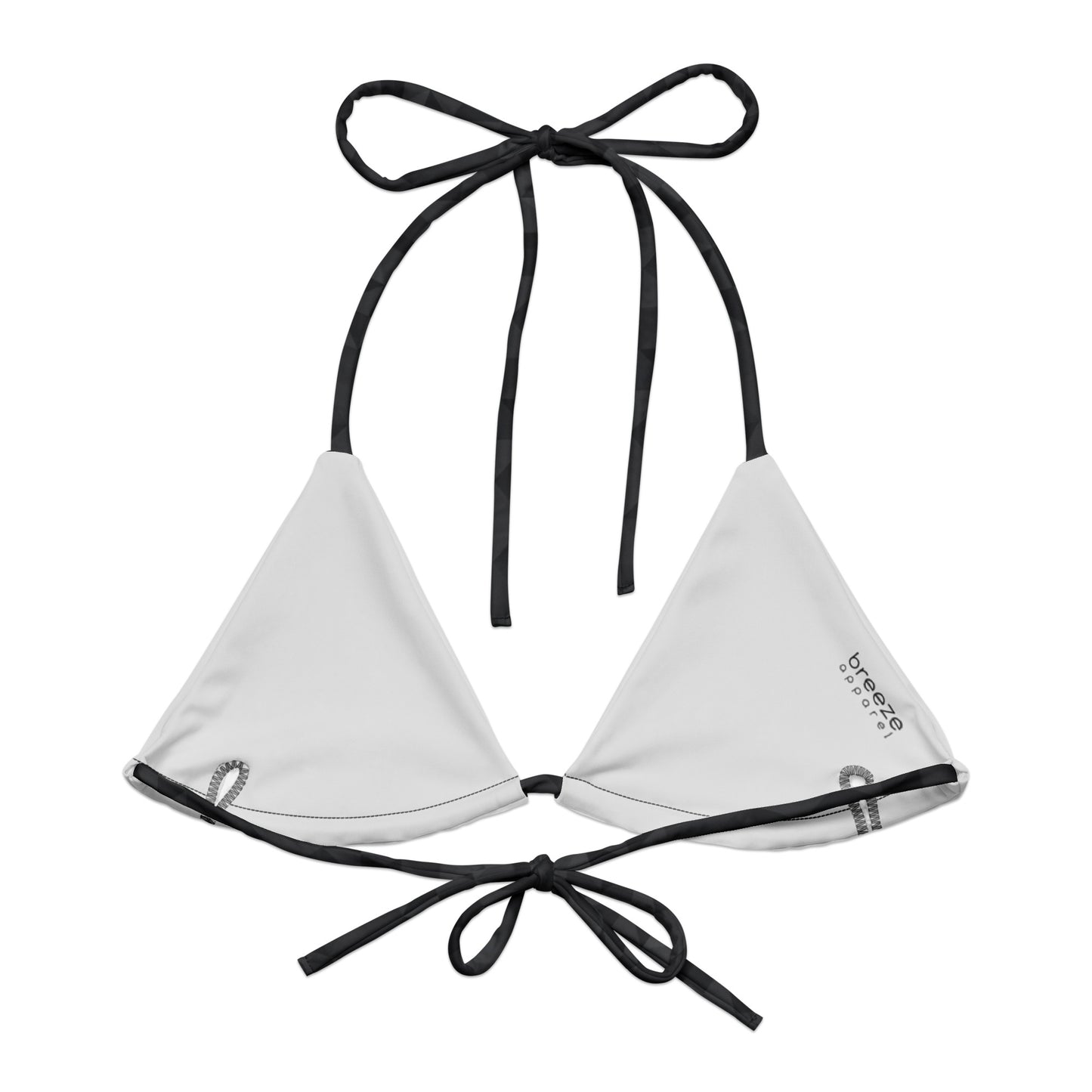 Back of bikini top with dark-gray geometric pattern. Interior is light gray.
