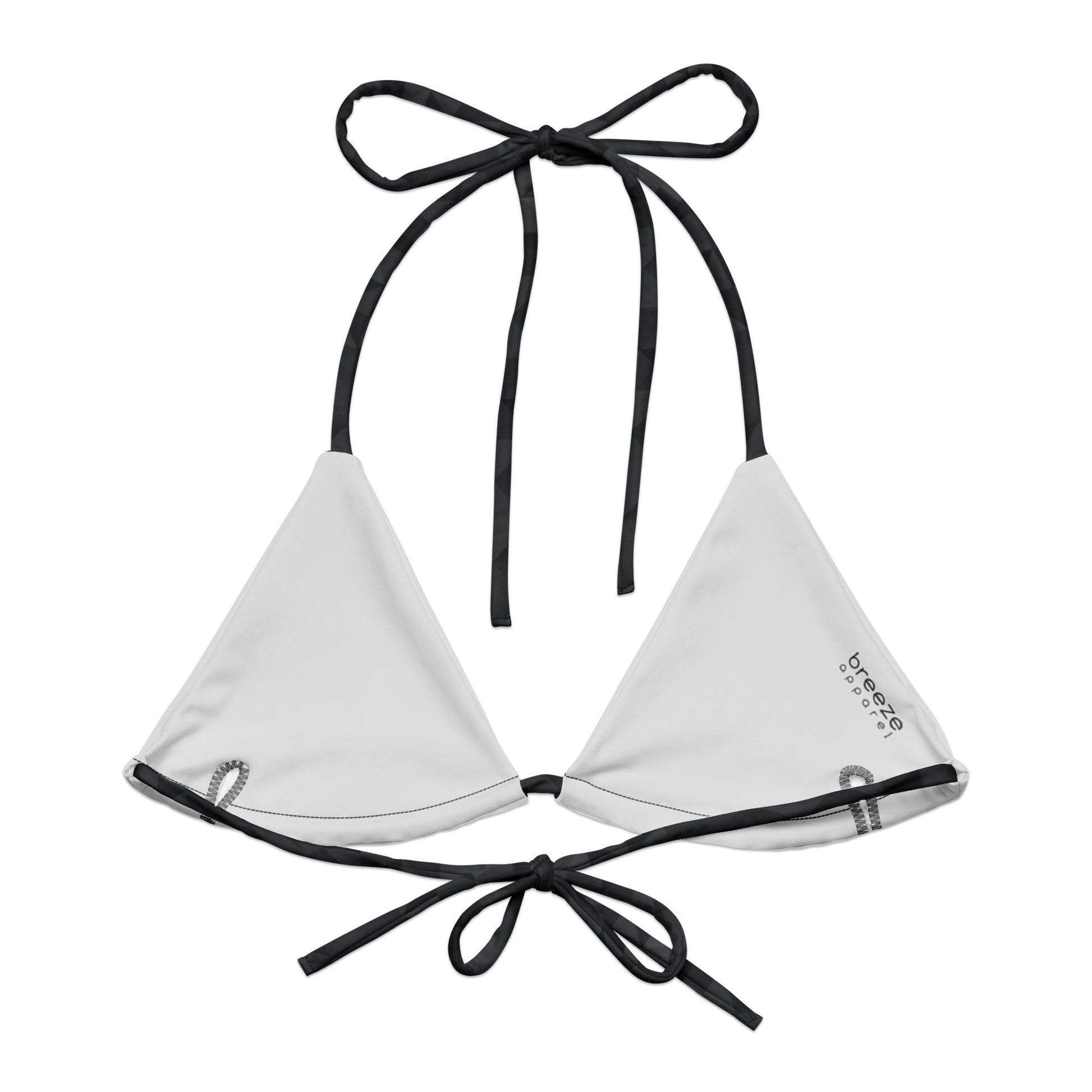 Back of bikini top with dark-gray geometric pattern. Interior is light gray.