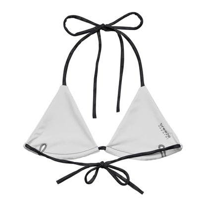 Back of bikini top with dark-gray geometric pattern. Interior is light gray.
