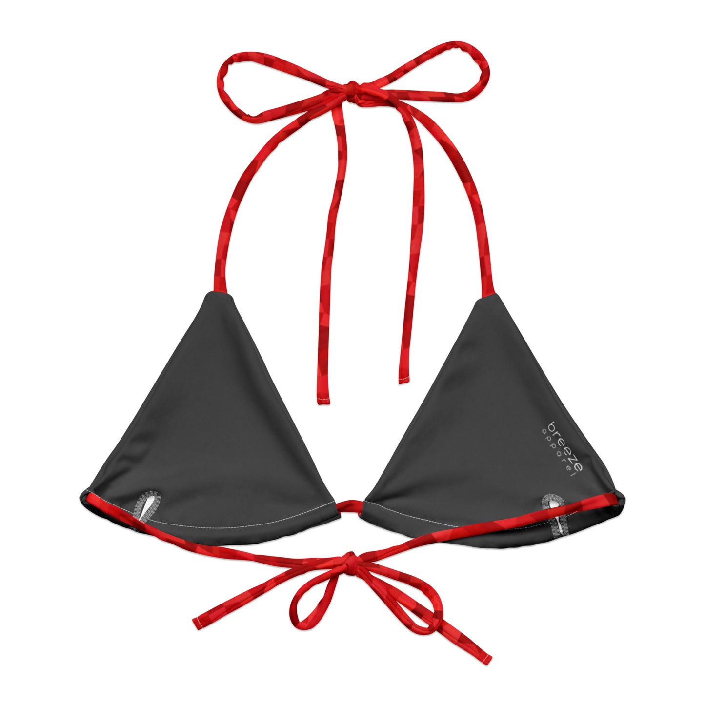 Back of bikini top with red geometric pattern. Interior is dark gray.